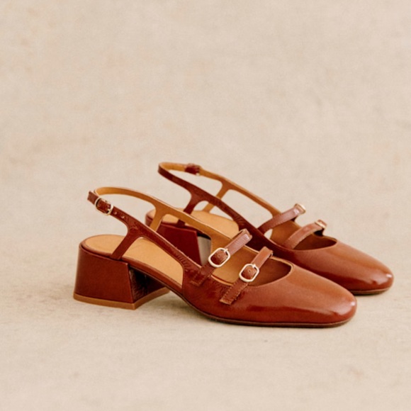 🍂☕️Sezane PAULA BABIES in PATENT CAMEL Sling back Heels - Picture 1 of 13